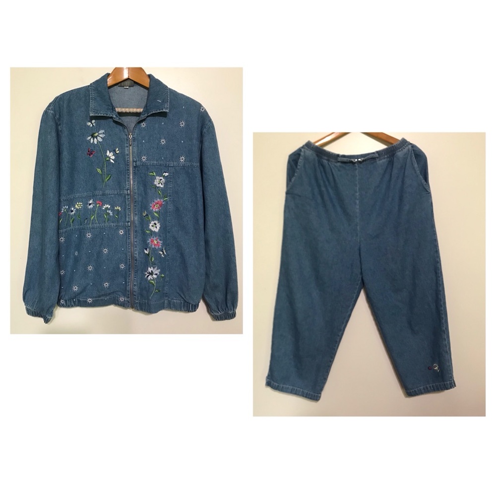 Vintage embroidery floral Jean jacket Set